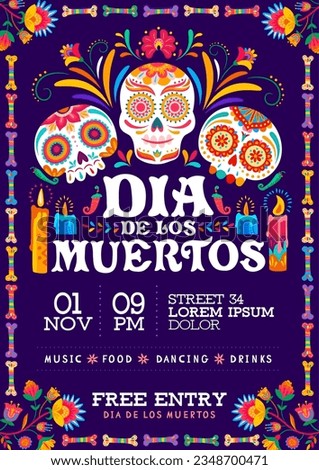 Dia de los muertos party flyer. Day of the dead mexican holiday. Vector invitation card with calavera sugar skulls, alebrije tropical flowers, bones, burning candles. Event celebration invite poster Royalty-Free Stock Photo #2348700471
