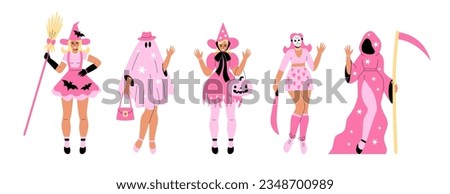 A set of plastic dolls in pink Halloween costumes. Pink girl party. Barbicore