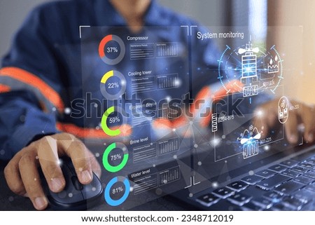 Engineer operate a hvac heating ventilation air conditioning system with computerized control panel. The system use in large building, industrial building or psychrometric and balance type test room Royalty-Free Stock Photo #2348712019
