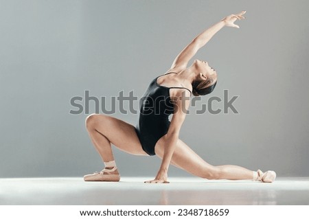 Dance, ballet and woman stretching in art performance in studio isolated on gray background mockup space. Ballerina, theatre or creative person training, workout or exercise, healthy body or flexible