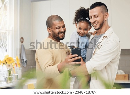 Selfie, blended family and a girl with her lgbt parents in the kitchen together for a social media profile picture. Adoption photograph, smile or love and a daughter with her gay father in the home