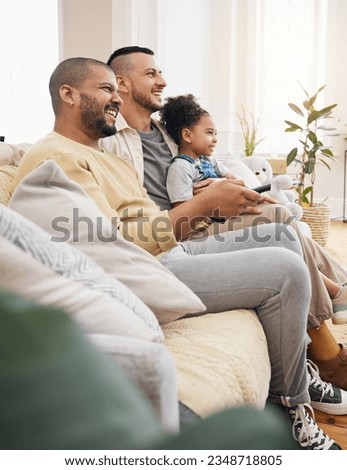 Gay family, watching tv and movies on home sofa with a child for streaming, entertainment or fun. Lgbt men or parents and girl kid relax with remote control for subscription, cable show and happiness