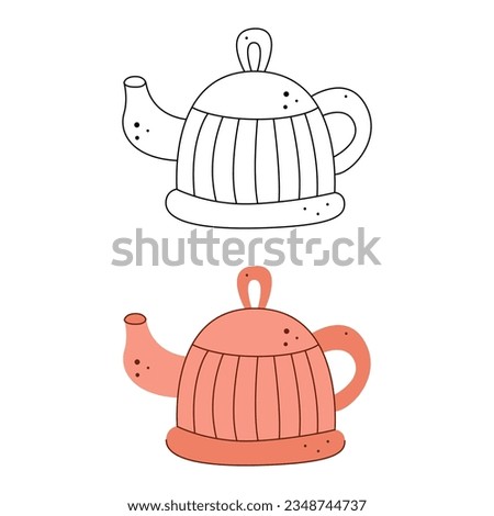 Pink teapot. Black and white and color clipart vector illustration.