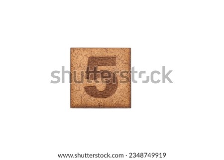 Number In Square Wooden Tiles - Number Five, On White Background.