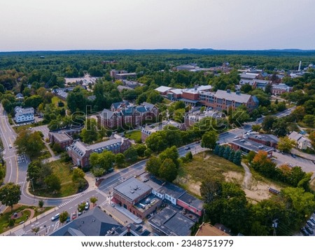 University of New Hampshire UNH Durham campus aerial view on Main Street in historic town center of Durham, New Hampshire NH, USA.  Royalty-Free Stock Photo #2348751979