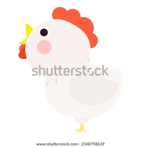 Cute little white chicken, full body, standing and clucking, side face. Isolated on white background, EPS10 vector