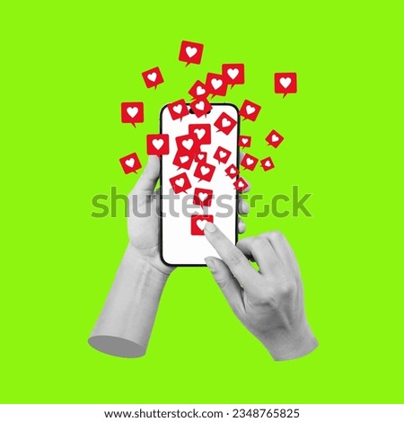 Antique statue's hand pointing to like symbol of social media on mobile phone with white screen on light green color background. 3d trendy collage in magazine style. Contemporary art. Modern design