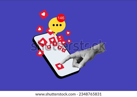 Antique statue's hand pointing to like symbol of social media on mobile phone with message notification on the acscreen on bright color background. 3d creative collage. Contemporary art. Modern design