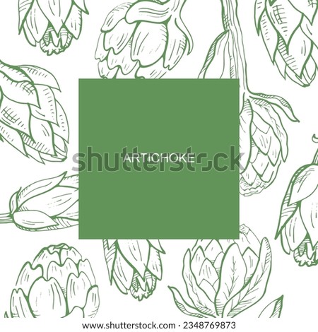 Artichoke label template background for text.Edible  flower bud, healthy vegetable plant vector illustration. Frame for label,spice packaging, logo, card, banner.Hand drawn artichokes design element. Royalty-Free Stock Photo #2348769873