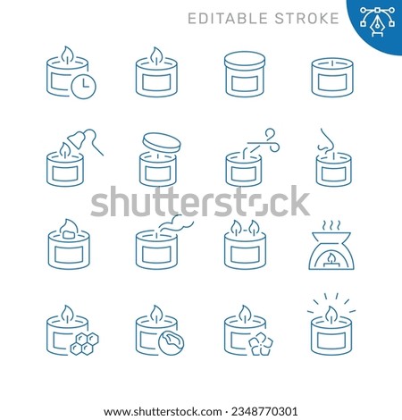 Vector line set of icons related with candle. Contains monochrome icons like flame, wax, scent, glass and more. Simple outline sign. Editable stroke. Royalty-Free Stock Photo #2348770301