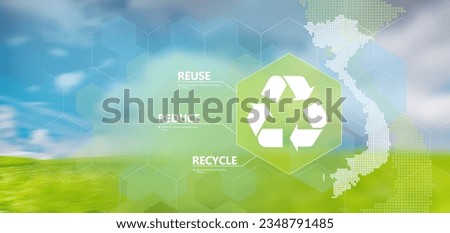 Recycle environmental protection concept, sustainable development, green energy recycle sign in various countries. Vector background with silhouette of Vietnam