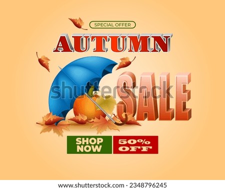 Background, autumn scene design with 3d texts, pumpkin, rain umbrella and leaves in the colors of the season, for Autumn, sales commercial event;