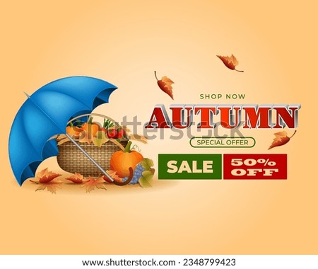 Background, autumn scene design with 3d texts, rain umbrella, harvest basket and leaves in the colors of the season, for Autumn, sales commercial event; Vector illustration