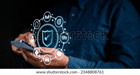 insurance, protection, assurance, family, health, saving, finance, life, shielding, healthcare. touching at smart phone likes clock and center that's shield icon show, insurance and asset protection.