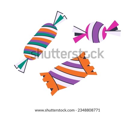 Halloween candies set. Sweet treats, colorful striped candies. Flat cartoon vector illustration isolated on transparent background