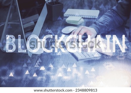 Blockchain theme hud with businessman working on computer on background. Concept of crypto chain. Multi exposure.