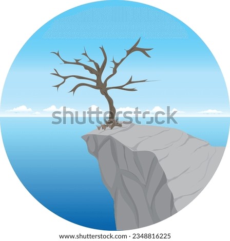vector illustration of a natural landscape of a steep and sharp rocky cliff on the seafront with a tree that has dried up without leaves at the end of the edge of the cliff with a view of the blue sky Royalty-Free Stock Photo #2348816225