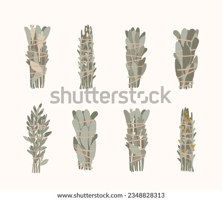 Sage leaves smudge stick cartoon style illustration. Herbs esoteric, spiritual cleansing, native medicine, fresh energy. Botanical  clip art, isolated on white background Royalty-Free Stock Photo #2348828313