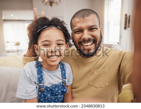 Father, girl and selfie portrait in peace sign in home living room, bonding and laughing together. Dad, child and face smile in v hand on profile picture, happy memory or social media of funny family