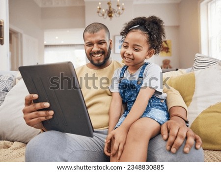 Happy, movie and a child with a father and tablet for a cartoon, film and streaming games. Smile, family and a dad with a girl kid and gesture to technology for a show or social media in a house