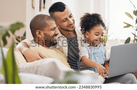 Gay, parents and girl with a laptop, home and connection with love, streaming movies and bonding in a living room. People, family or dads with female child, kid and pc for cartoon or film in a lounge
