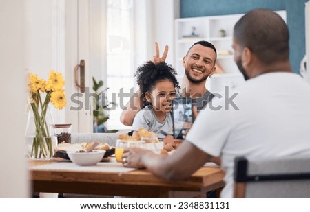 Smartphone, lunch or photo of gay couple, kid and memory picture of happy family with peace sign, bunny ears gesture or pose. Cellphone, photography or child smile with bisexual, queer or relax dad