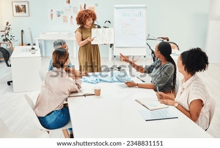 Creative woman, fashion and drawing in startup, presentation or meeting for ideas at the office. Female person or manager with sketch in team planning, retail or clothing project at the workplace