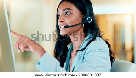 Professional and helpful call centre woman using a headset, assists business consult. Helpful support service agent talks with client on call. Remote worker gives client advice telephonically Royalty-Free Stock Photo #2348831307