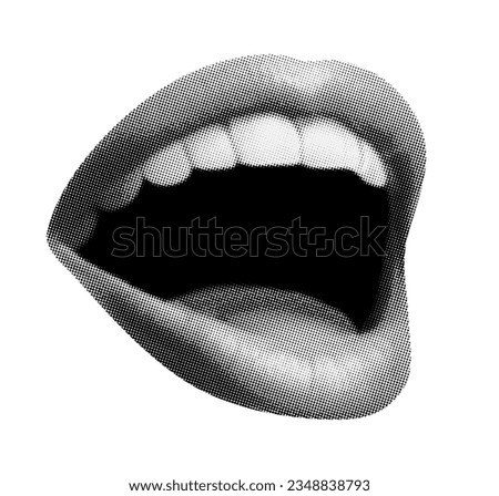 open mouth sings isolated on white background in retro halftone collage cut-out element for mixed media vintage dotted texture grunge punk trendy modern y2k design Royalty-Free Stock Photo #2348838793