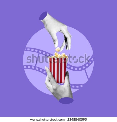 popcorn, eating popcorn, popcorn cinema, hand with popcorn, flavors, cinema package, cinema ticket, going to the movies, concept, collage art, photo collage