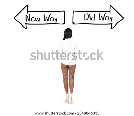 Old way vs New way. Young business woman, background view. isolated white background