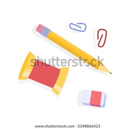 Threads with pencil concept. Creativity and art set, handmade and handicraft products, accessories. Eraser with clips. Cartoon flat vector illustration isolated on white background