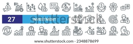 set of 27 outline web investment icons such as venture capital, market, dollar cost average, dividends, portfolio, growth, real estate, investment vector thin line icons for web design, mobile app. Royalty-Free Stock Photo #2348878699
