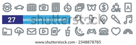 set of 27 outline web miscellany neon elements icons such as neon emoji, neon car, calendar, butterfly, lightning, weather, moon, rainbow vector thin line icons for web design, mobile app.