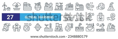 set of 27 outline web global warming icons such as wind mill, acid rain, contamination, greenhouse, no plastic bags, sustainability, high temperature, tsunami vector thin line icons for web design, Royalty-Free Stock Photo #2348880179