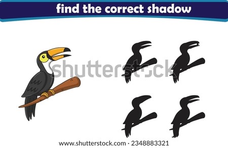 Funny cartoon toucan. find the correct shadow. Kids Education games. Cartoon vector illustration