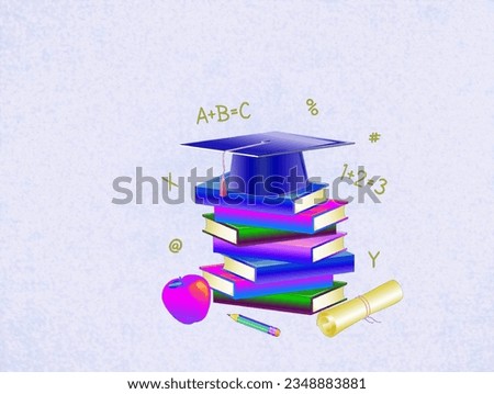 On a light blue background, there was a picture of a multi-colored book, a green pencil and a pink apple, with numbers and English written next to it.

