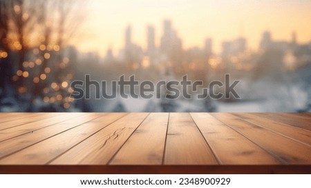 The empty wooden brown table top with blur background of home room in winter. Exuberant image. Royalty-Free Stock Photo #2348900929