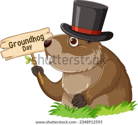 A cute groundhog cartoon with a festive Groundhog Day banner