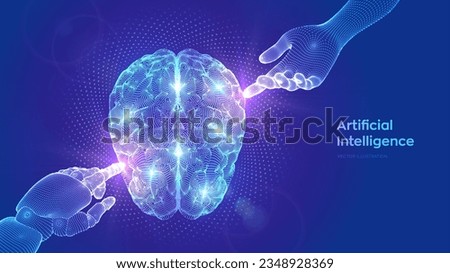 Brain. AI. Artificial Intelligence. Neural network. Hands of Robot and Human touching digital brain with binary code. IQ testing. Machine learning science and technology concept. Vector illustration.