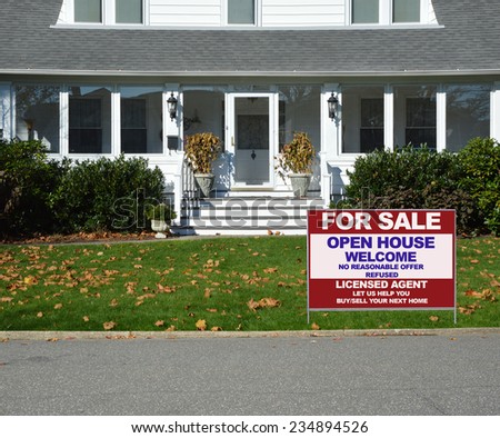 Real Estate for sale open house welcome sign suburban home entrance autumn day residential neighborhood sunny USA day