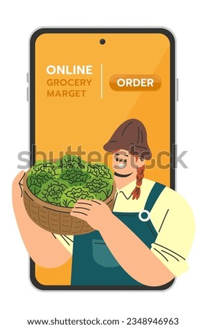 A female farmer holding a basket with fresh vegetables for delivery service. Grocery online shopping concept. Flat cartoon style vector illustration isolated on white background.