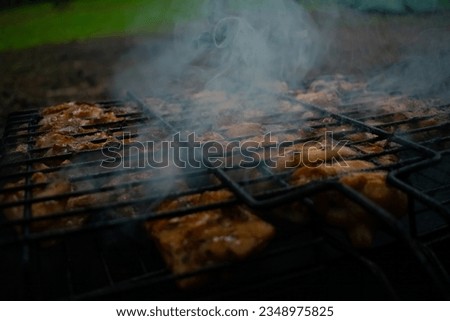 A gloomy and colorful photo of a barbecue on the grill. High quality photo