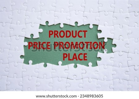 Product Price Promotion Place symbol. White puzzle with words Product Price Promotion Place. Beautiful grey green background. Business concept. Copy space. Concept word