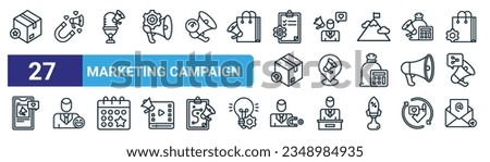 set of 27 outline web marketing campaign icons such as favorite, acquisition, podcast, influencer, location, feedback, acquisition, email vector thin line icons for web design, mobile app. Royalty-Free Stock Photo #2348984935