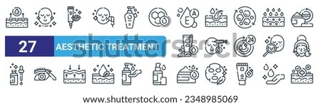 set of 27 outline web aesthetic treatment icons such as exfoliation, rejuvenation, eye cream, epidermis, filler, microblading, moisturizer, recovery vector thin line icons for web design, mobile Royalty-Free Stock Photo #2348985069