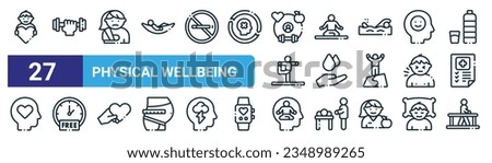 set of 27 outline web physical wellbeing icons such as wellbeing, excercise, injury, meditation, hydration, free time, physical wellbeing, physiotherapy vector thin line icons for web design, mobile Royalty-Free Stock Photo #2348989265