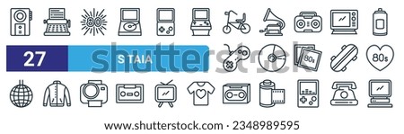 set of 27 outline web s taia icons such as speaker, typewriter, s, gramophone, vinyl disc, jacket, caste, monitor vector thin line icons for web design, mobile app.