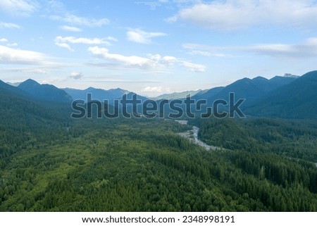 Aerial view of the Cascade mountains of Washington State near Mount Rainier in August