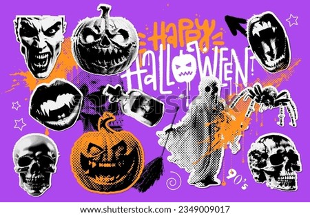 Collection of halftone Halloween paper collage stickers. Grunge Vector illustration with pumpkin, ghost, skull and vampire monster. Halftone 90s vintage elements for mixed media design.
